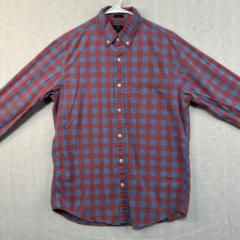 J‎ Crew Heathered Cotton Shirt Medium Slim Fit Red Blue Plaid Long Sleeve Button